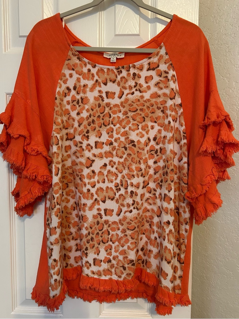 Orange/Coral Leopard Print Ruffle Sleeve Women's Top